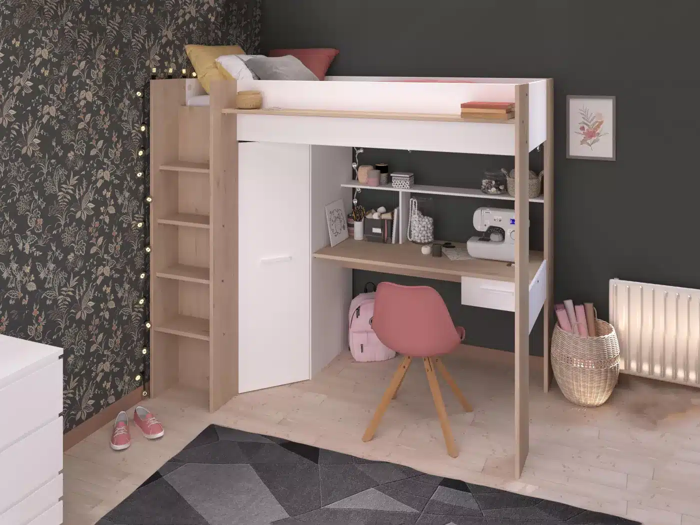 Lit mezzanine Auckland + bureau et armoire - Bois